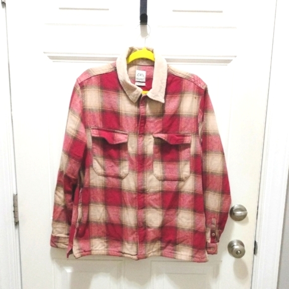 Zara Men's Red and Cream Plaid Flannel Shirt Size M - Picture 1 of 8